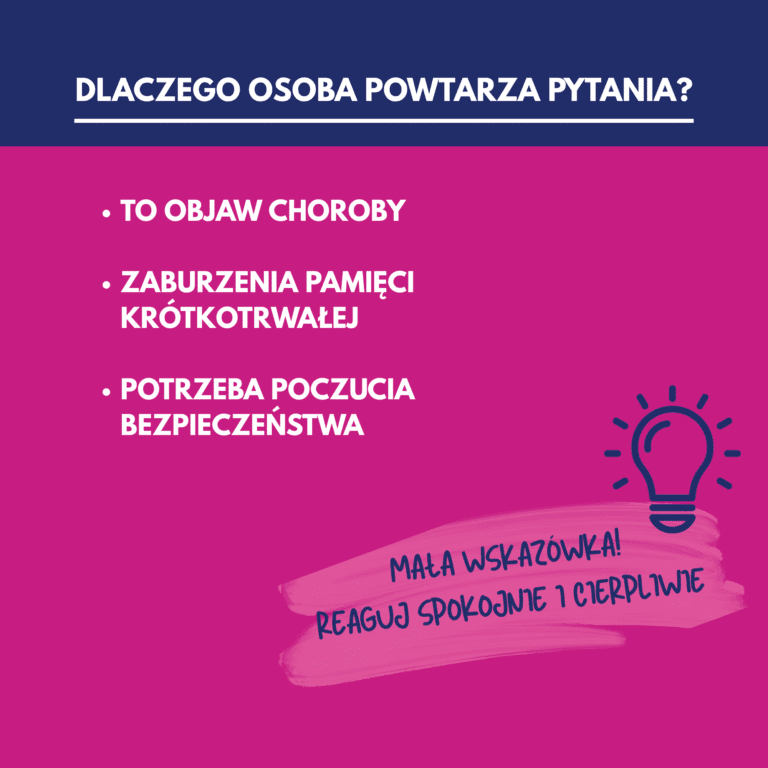wyjaśnienie przyczyn powtarzania pytań przez osobę z demencją - infografika
