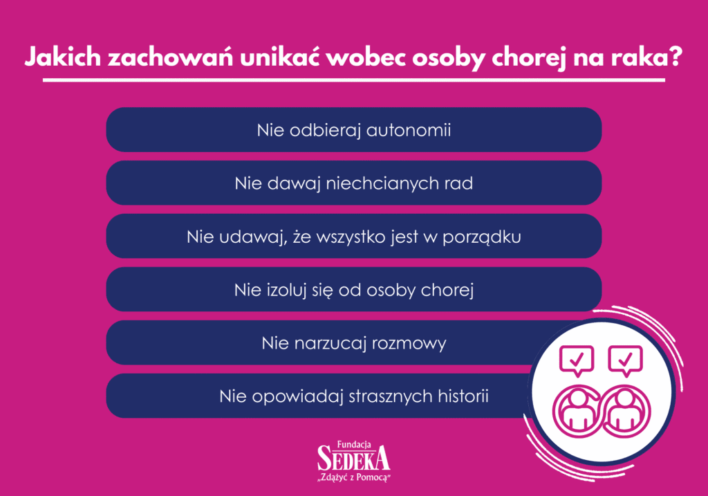 Jakich zachowań unikać wobec osoby chorej na raka - infografika